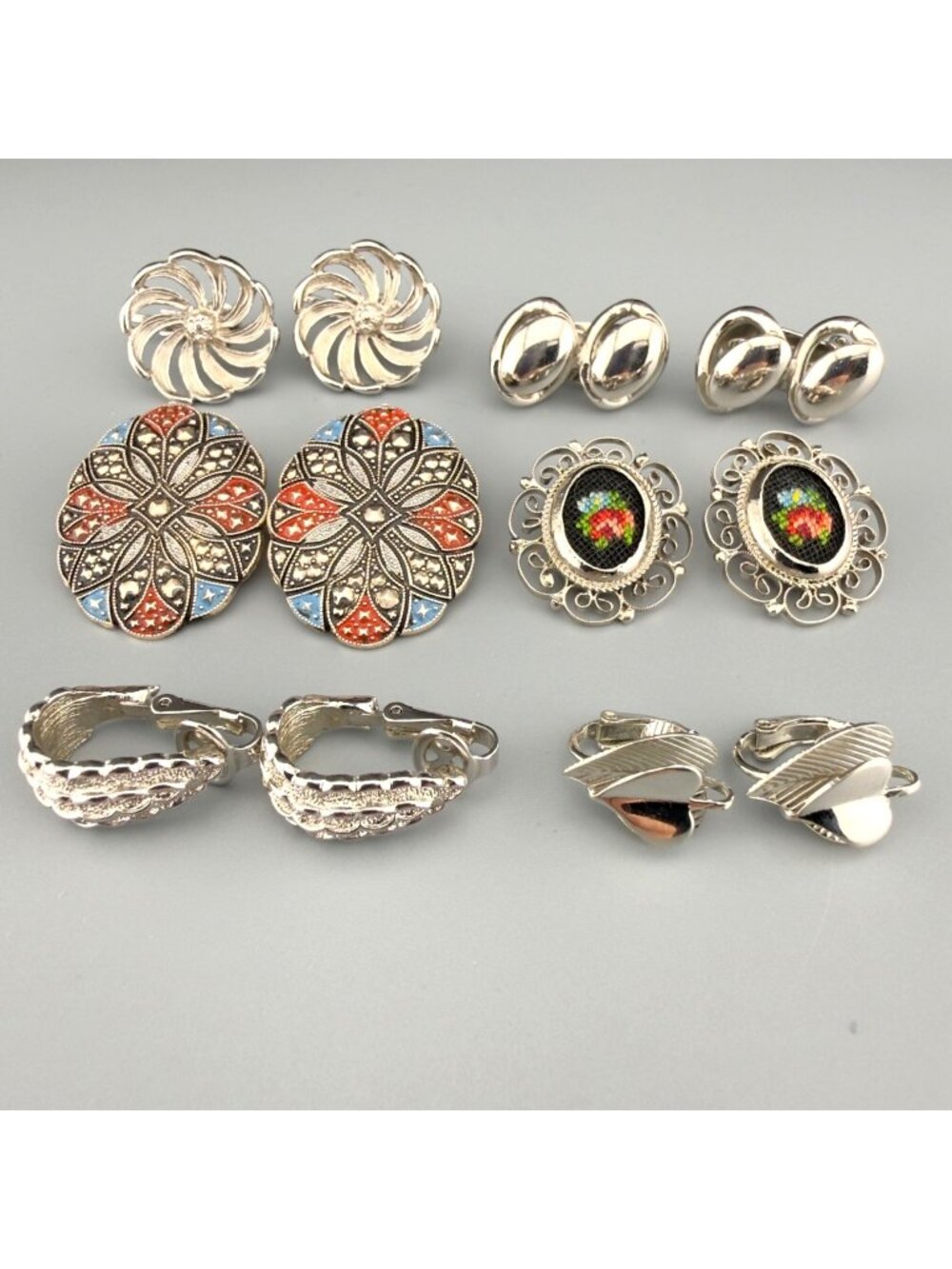 Vintage Clip On Earrings Lot of 6 Silver Tone Enamel Heart Textured Needlepoint